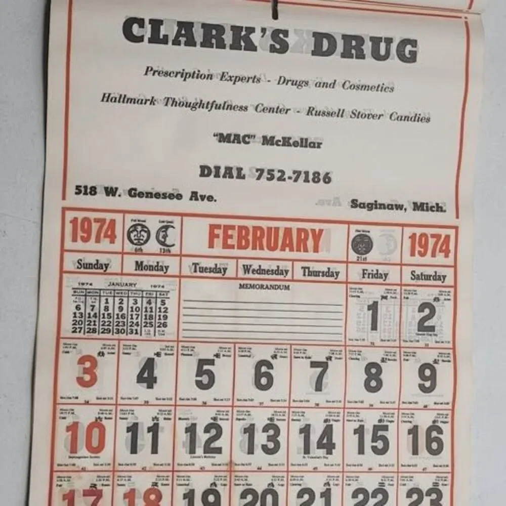 Vintage 1974 Clark's Drug Advertising Calendar